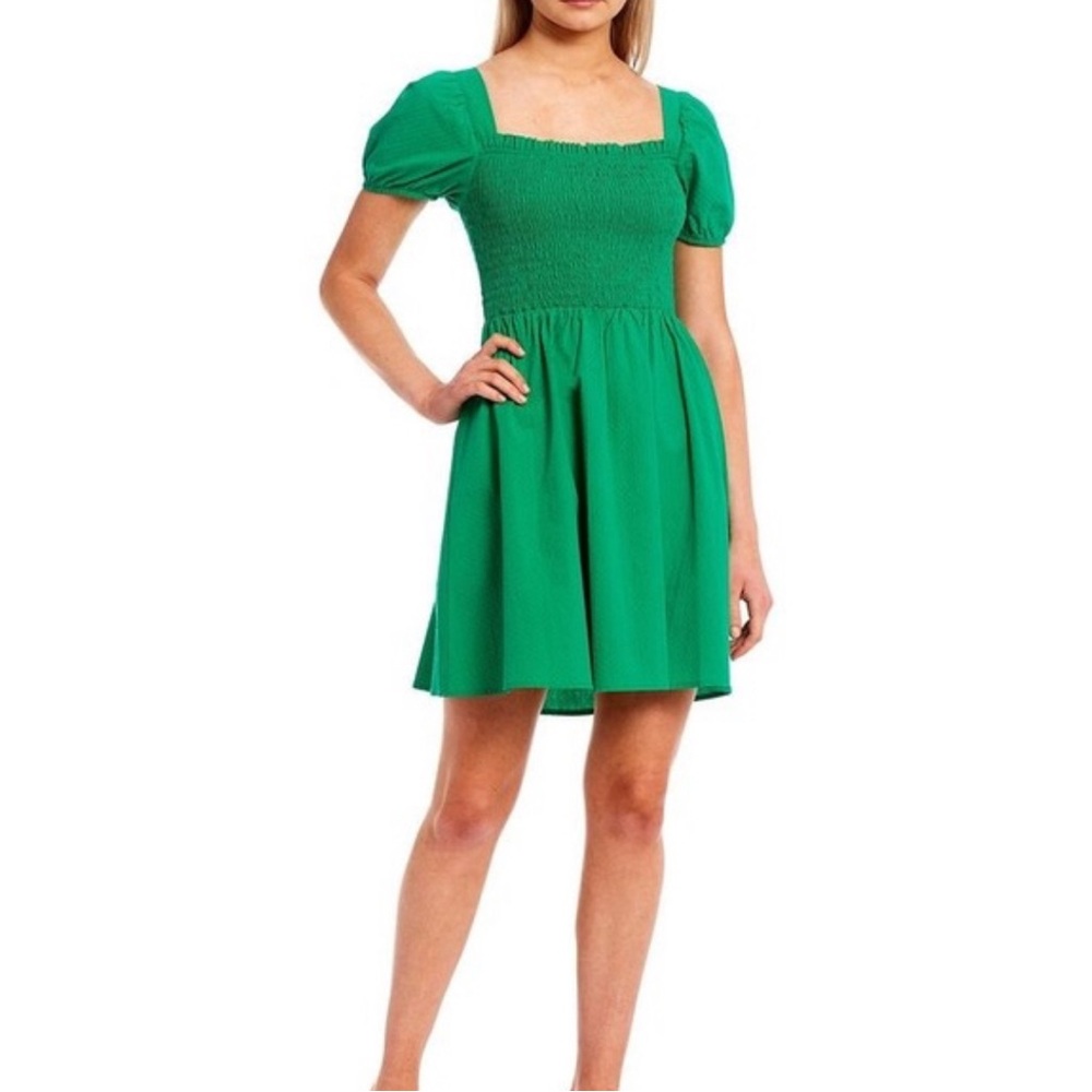 Copper Key Green Puff Sleeve Mini Dress